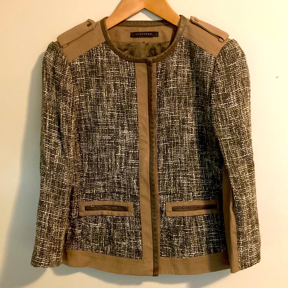 Ellie Tahari Olive green brown leather trim tweed jacket blazer 4